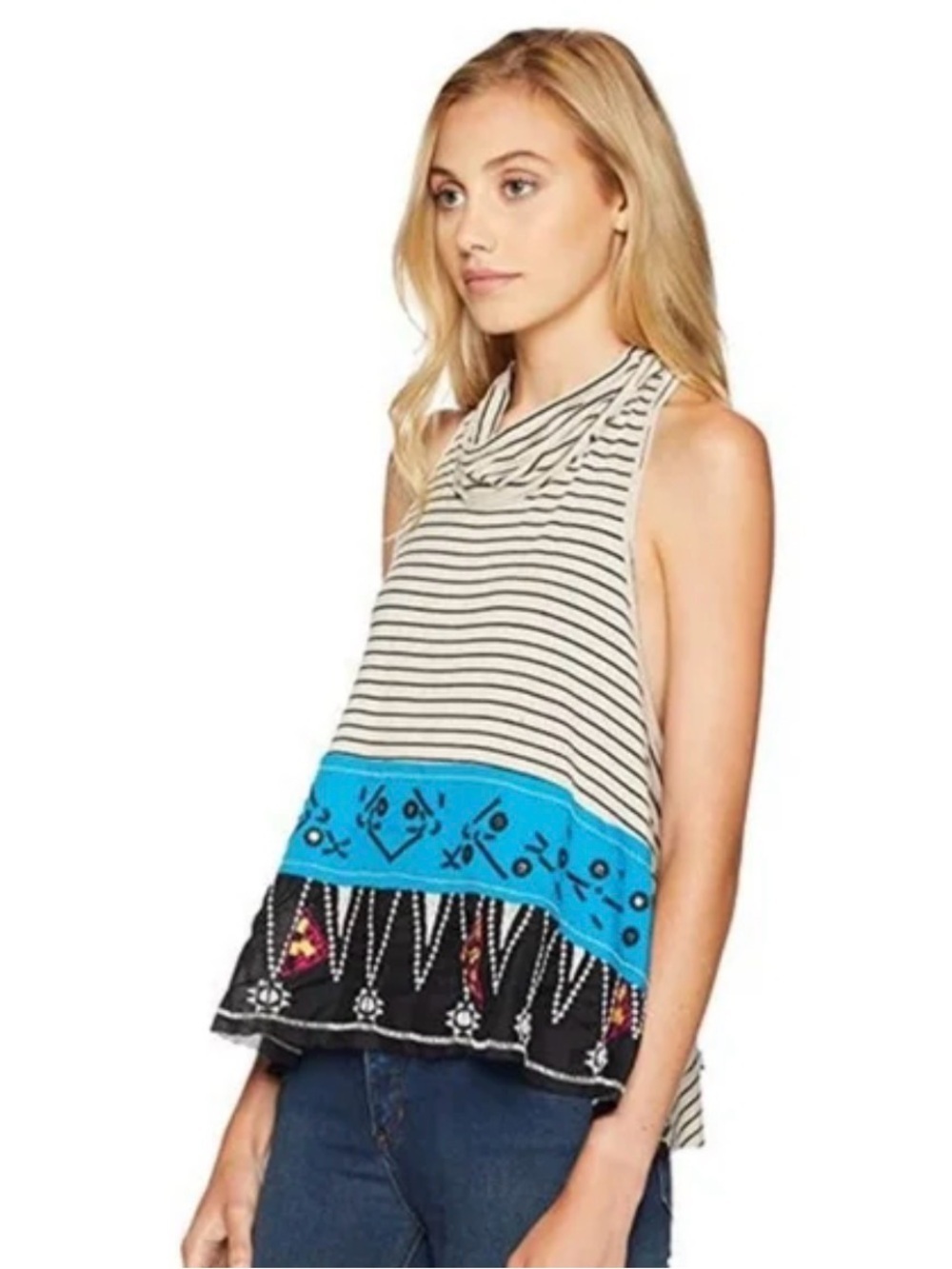 We The Free Black & White Striped Tank with Turquoise and Black Embellished Hem